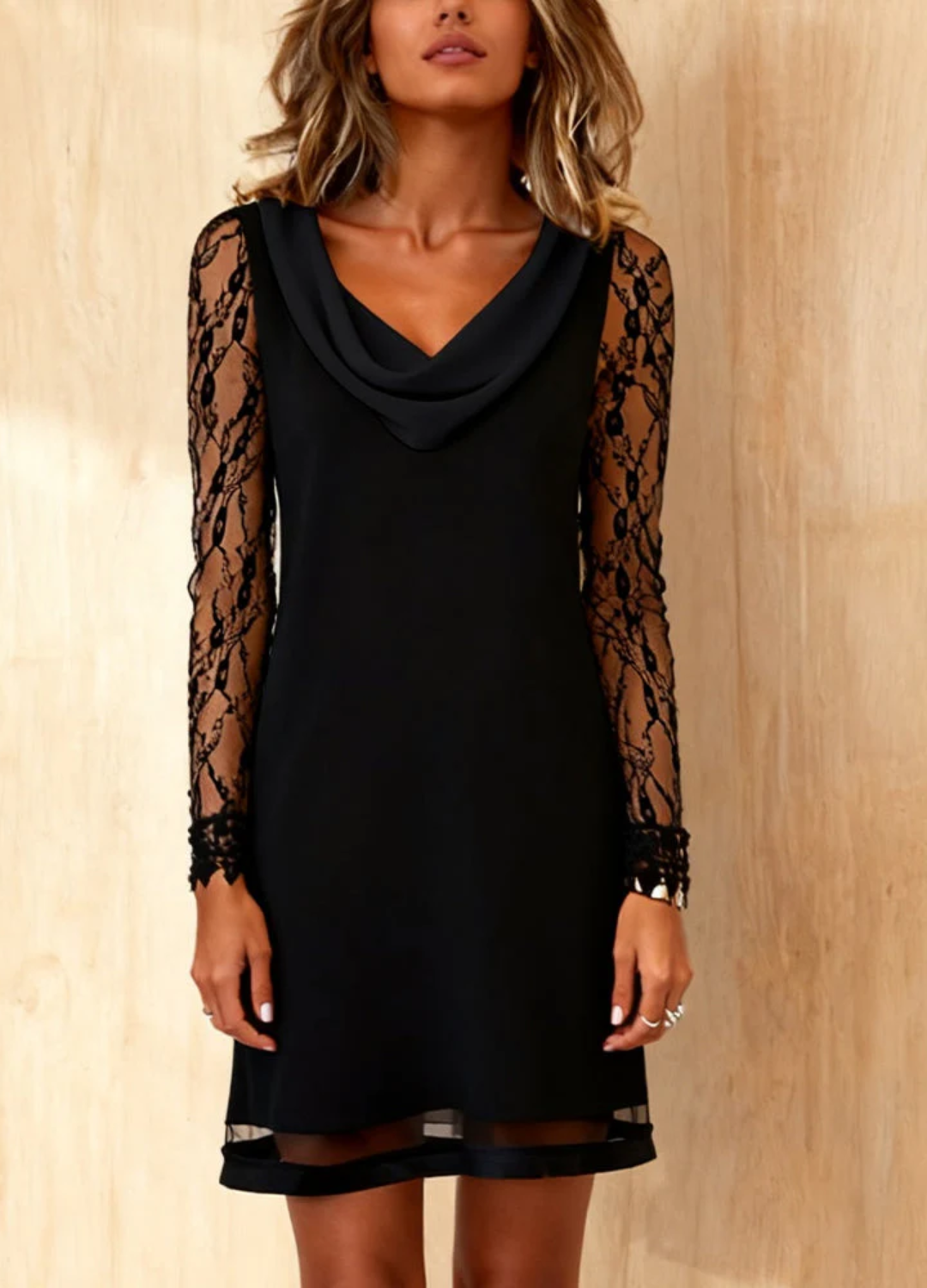 Elena™ Vestido de color liso con cuello swing y patchwork