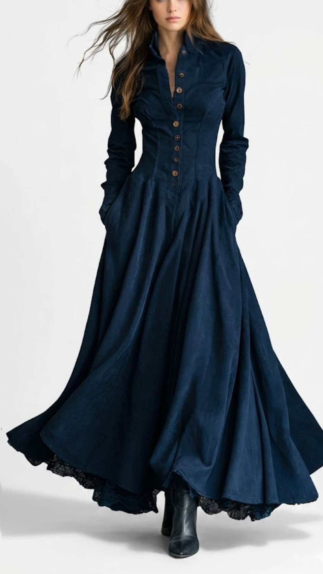 VERONICA| VESTIDO LARGO CON CUELLO CAMISERO Y ENCAJE