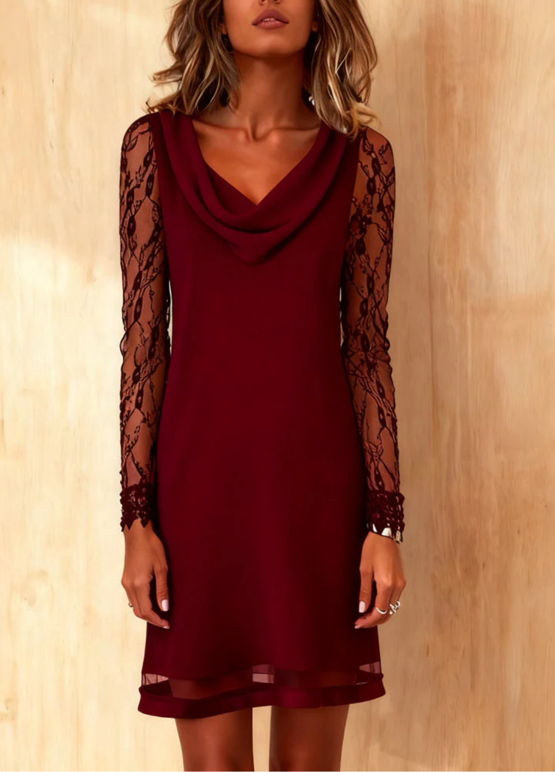 Elena™ Vestido de color liso con cuello swing y patchwork