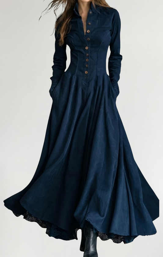 VERONICA| VESTIDO LARGO CON CUELLO CAMISERO Y ENCAJE